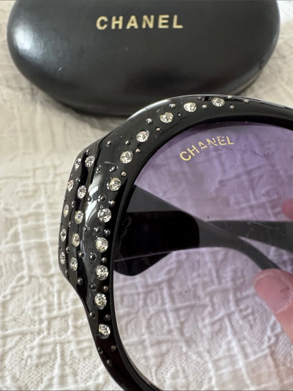Authentic Chanel Crystal-Embellished Oversized Sunglasses with Original Case